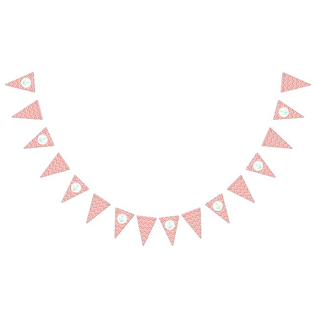 Coral Pink and White Chevron with Mint Nautical Bunting (All)
