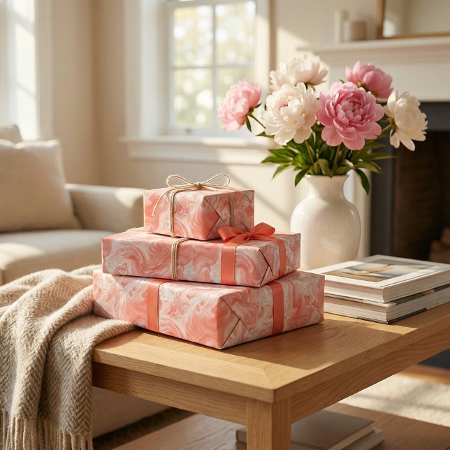 Coral Pink and White Marble-Like Fluid Pattern Wrapping Paper (Creator Uploaded)