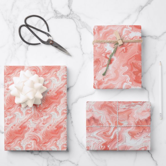Coral Pink and White Marble-Like Fluid Pattern Wrapping Paper Sheet (Front)