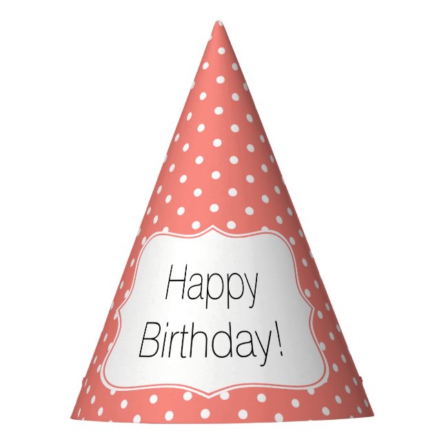 Coral Pink and White Polka Dot Birthday Party Hat (Front)