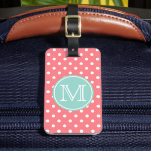 Coral Pink and White Polka Dots with Cool Aqua Luggage Tag