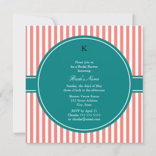 Coral Pink and White Stripes , Teal Bridal Shower Invitation