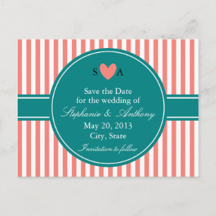 Coral Pink and White Stripes, Teal Save the Date Announcement Postcard