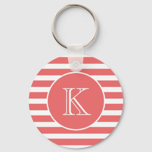 Coral Pink and White Stripes with Monogram Key Ring