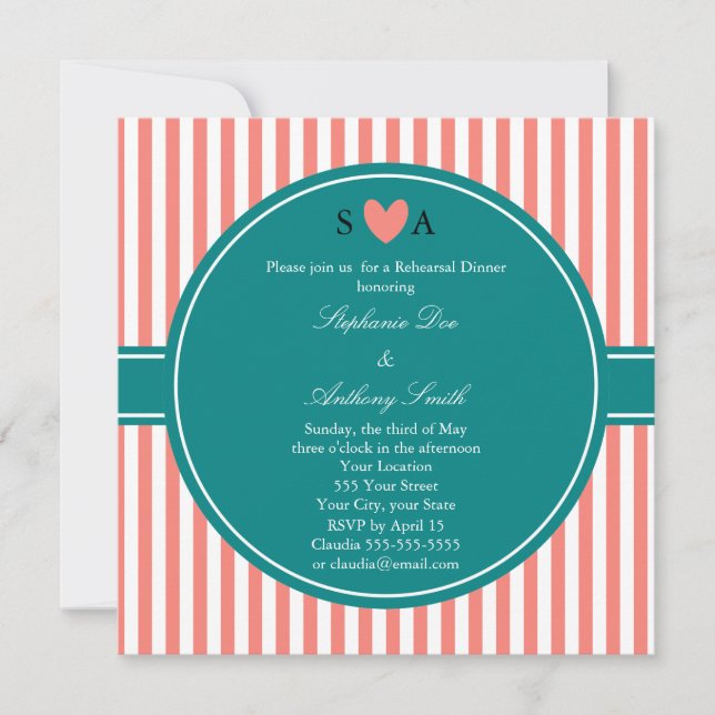 Coral Pink and White Stripes with Teal Invitation (Front)