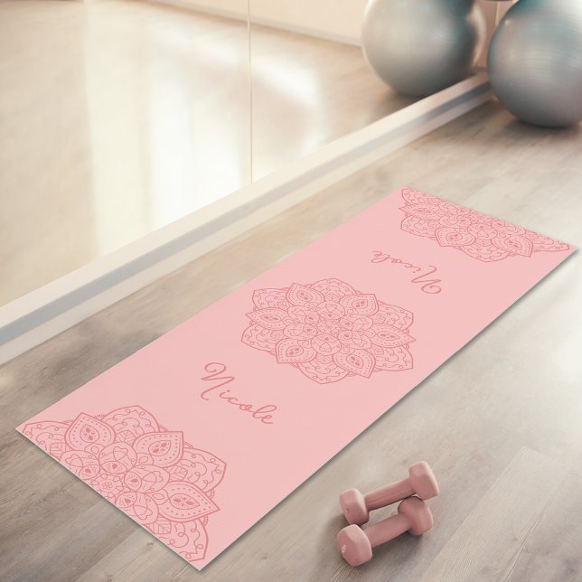 Coral Pink Beautiful Mandala With Custom Name Yoga Mat (Disclaimer: This image is a digital mockup.)