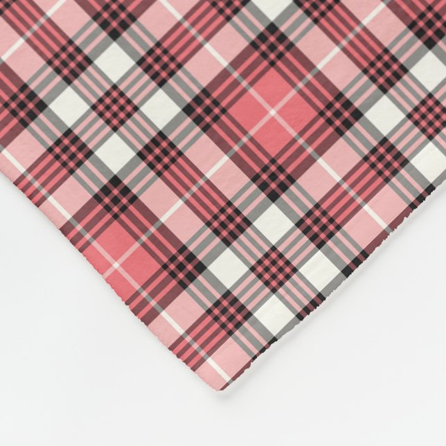 Coral Pink, Black and White Plaid Pattern Fleece Blanket (Corner)
