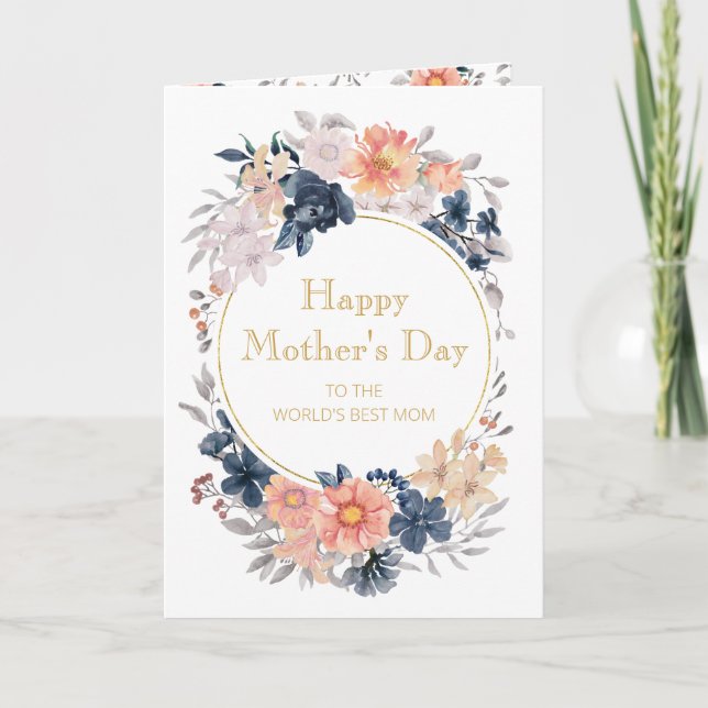Coral Pink Blue Floral Mother's Day 5 Photo Card (Front)