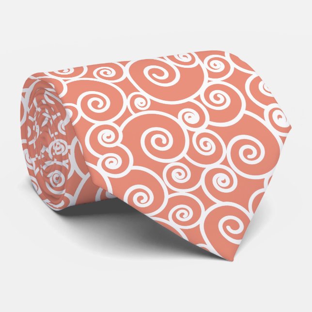 Coral Pink Blush and White Swirls and Circles Tie (Rolled)