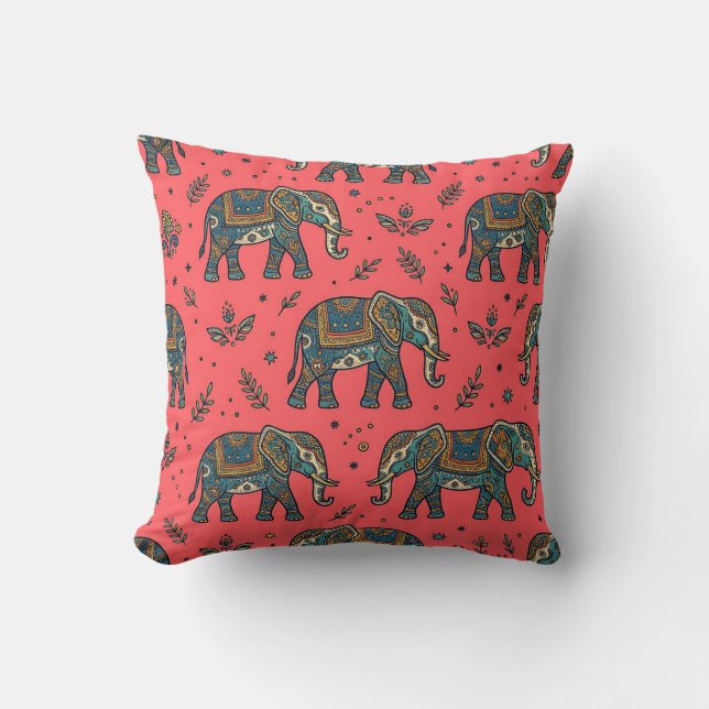 Coral Pink Bohemian Elephant Pillow (Front)
