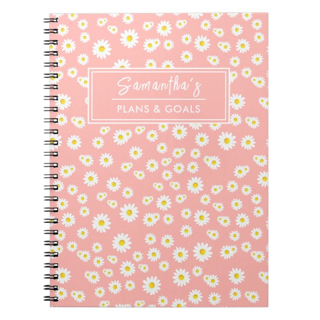 Coral Pink Boho Spring Daisies Pattern Notebook (Front)