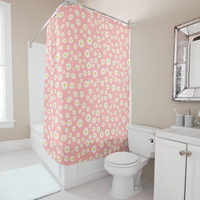 Coral Pink Boho Spring Daisies Pattern Shower Curtain (In Situ)