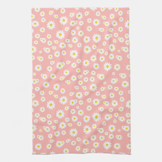 Coral Pink Boho Spring Daisies Pattern Tea Towel (Vertical)