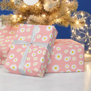 Coral Pink Boho Spring Daisies Pattern Wrapping Paper