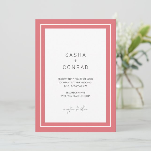 Coral Pink Bold Border Modern Wedding Invitation (Standing Front)