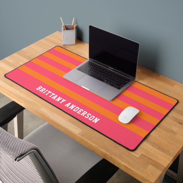 Coral Pink & Bright Orange Stripes Pattern Name Desk Mat (Office 2)