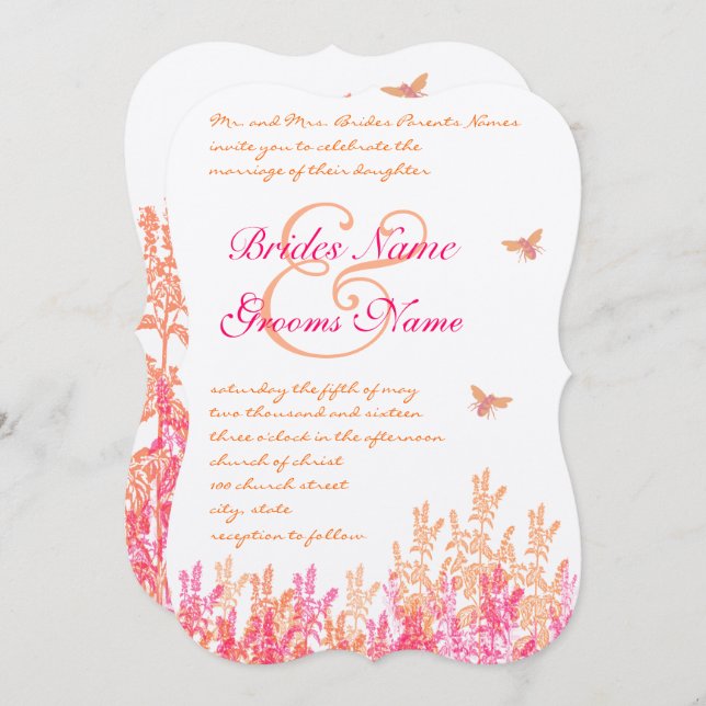 Coral Pink Bumblebee Wildflower Wedding Invitation (Front/Back)