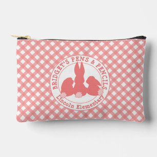 Coral Pink Bunnies & Gingham Pattern Personalised Accessory Pouch