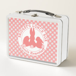 Coral Pink Bunnies & Gingham Pattern Personalised Metal Lunch Box