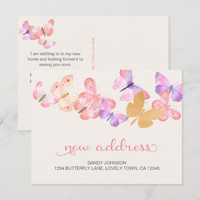 Coral Pink Butterflies My New Address Announcement Postcard (Front/Back)