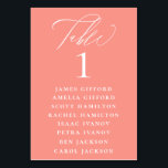 Coral Pink Calligraphy Seating Chart Table Number<br><div class="desc">Elegant white calligraphy "table",  with guest names listed and table number,  wedding table number seating chart card. Background colour shown in coral pink,  can be customised.</div>