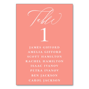 Coral Pink Calligraphy Seating Chart Table Number