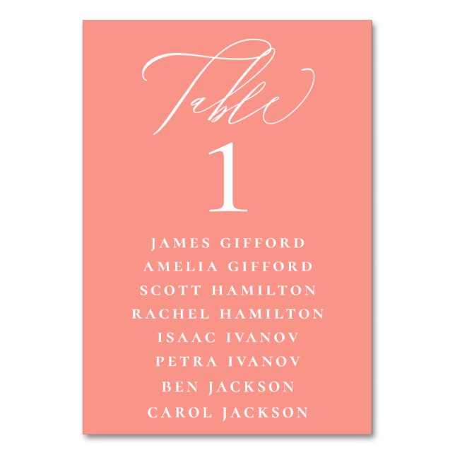 Coral Pink Calligraphy Seating Chart Table Number (Front)