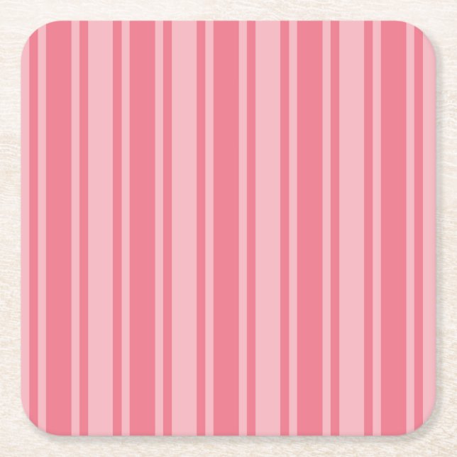 Coral pink candy stripes square paper coaster (Front)