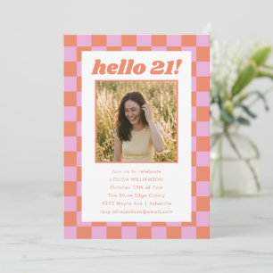 Coral Pink Checker Photo Hello 21 Birthday Party Invitation