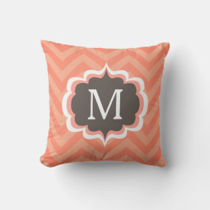 Coral Pink Chevron Pattern Custom Monogram Cushion
