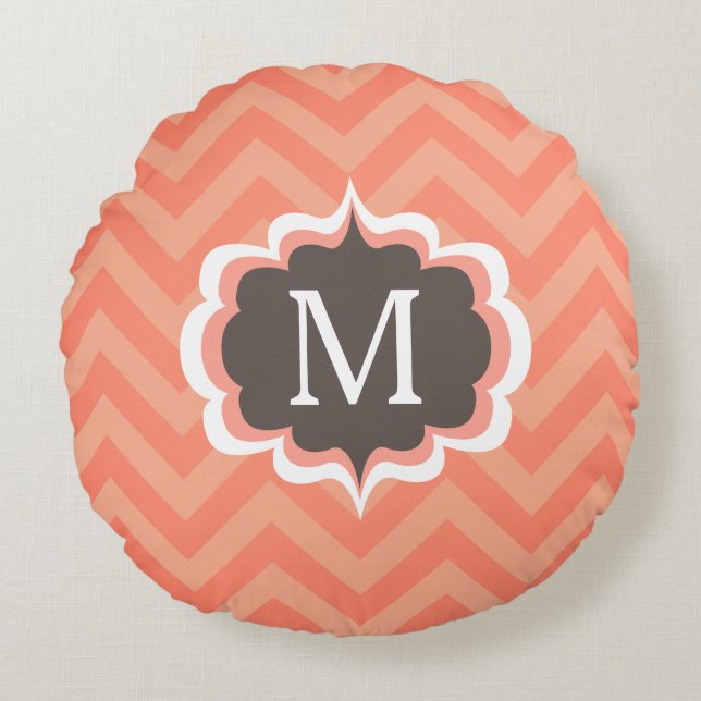 Coral Pink Chevron Pattern Custom Monogram Round Cushion (Front)