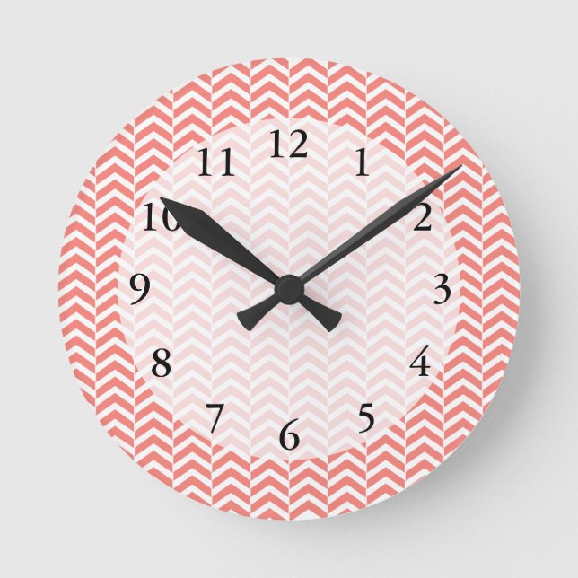 Coral Pink Chevron Pattern Round Clock (Front)
