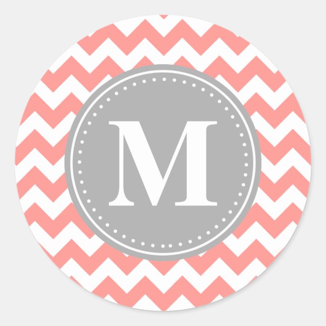 Coral Pink Chevron Zigzag Grey Monogram Classic Round Sticker (Front)