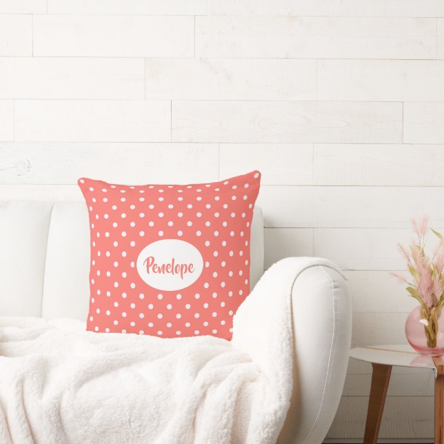 Coral Pink Classy Polka Dot Pattern with Name Cushion (Couch)