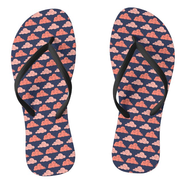 Coral Pink Clouds Lines Navy Blue Lined Geometric Jandals (Footbed)