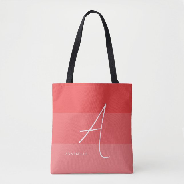 Coral Pink Colour Blocks Custom Monogram Name  Tote Bag (Front)