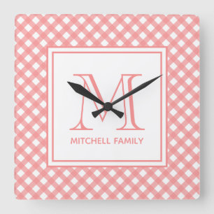 Coral Pink Country Style Gingham Pattern Monogram Square Wall Clock