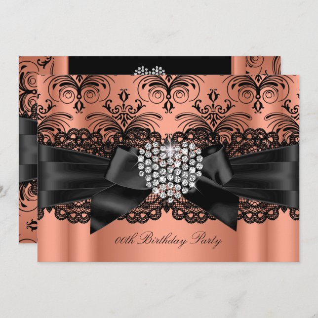 Coral Pink Diamond Heart Damask Birthday Party Invitation (Front/Back)