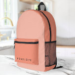 Coral Pink Feminine Girly Minimal Modern Name Printed Backpack<br><div class="desc">A minimalist monogram design with a two tone coral blush pink background. The text can easily be customised for a design as unique as you are!</div>
