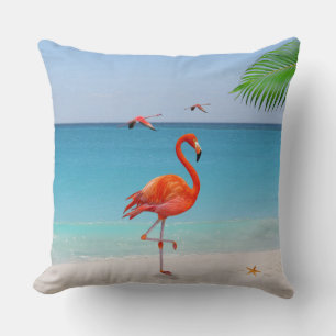 Coral Pink Flamingo & Palm Leaf on the Beach Cushion