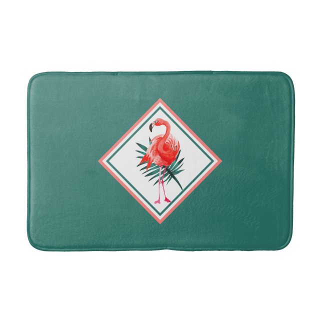 Coral Pink Flamingo Tropical Green Bath Mat (Front)