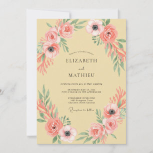 Coral Pink Floral Arch Wedding Invitation