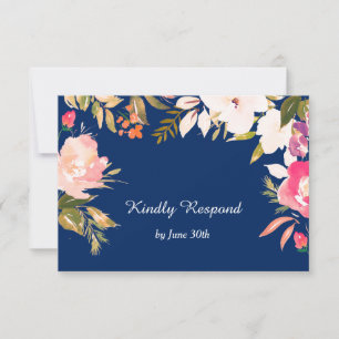 Coral Pink Floral Border Navy Blue Wedding RSVP Card