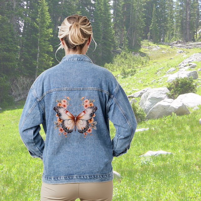 Coral Pink Floral Butterfly Denim Jacket (Creator Uploaded)
