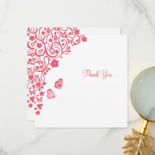 Coral Pink Floral Butterfly Garden Square Wedding Thank You Card