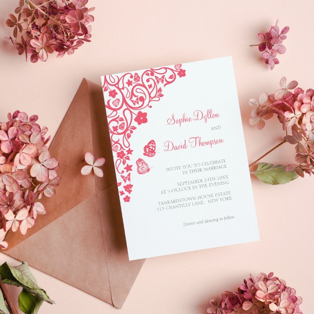 Coral Pink Floral Butterfly Garden Wedding Invitation (Creator Uploaded)