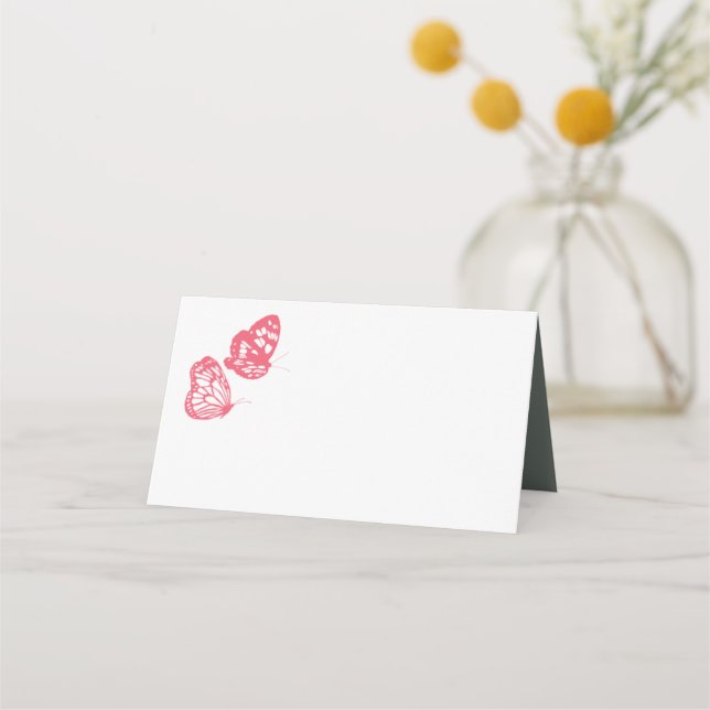 Coral Pink Floral Butterfly Garden Wedding Place Card (Front)
