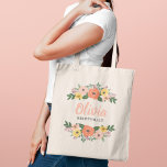 Coral Pink Floral Greenery Wedding Bridesmaid Tote Bag<br><div class="desc">Whimsical floral custom tote bag design features a wreath of beautiful watercolor flowers and greenery] that frames a custom monogram name in peachy pink modern script, along with dark grey custom text with their bridal party title. Colours include blush pink, coral orange, yellow, and violet flowers with lush sage and...</div>