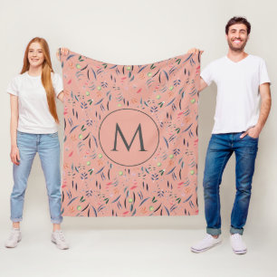 Coral Pink Floral Personalised MONOGRAM Fleece Blanket