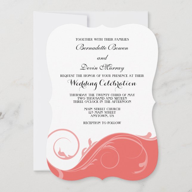 Coral Pink Floral Swirl Bracket Wedding Invites (Front)